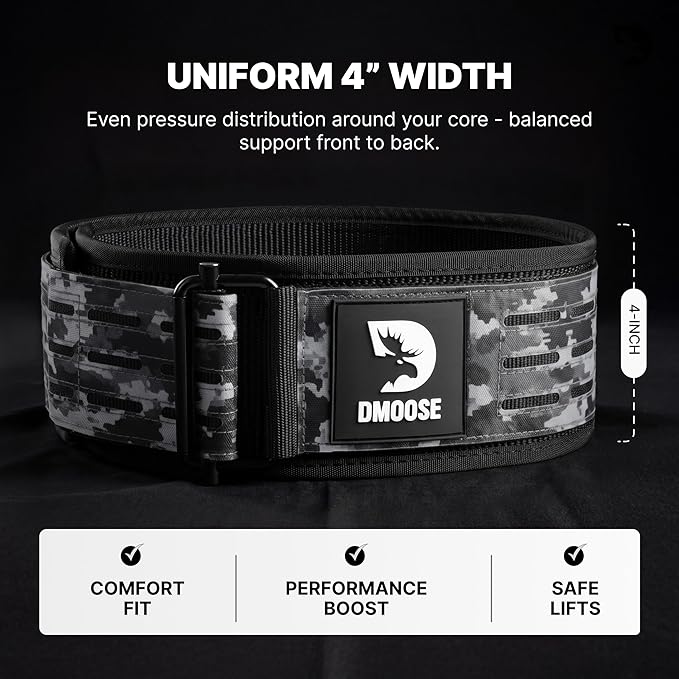 DMoose Weight Lifting Belt - Auto Locking Gym Belt for Olympic Training, WOD, Cross Training for Men and Women - 4" Nylon Workout belt with Adjustable Buckle - Provides Lumbar Support and Stability