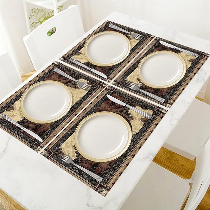 Western Placemats Western Star Country Wood Grain Decor Vintage Rustic Theme Linen Washable Table Mats Stain Heat-Resistant Desktop Decor Place Mats for Home Kitchen Dining Party 12x18 in 6 Pcs