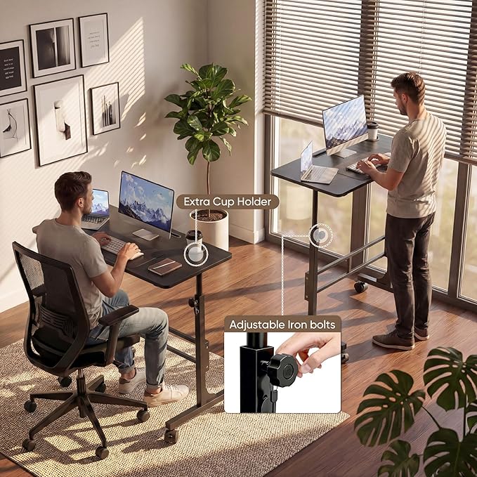 Furmax 31.4" Small Portable Standing Desk Height Adjustable with Lockable Wheels, Mobile Stand Laptop Computer Workstation for Walking Pad Treadmil (Black)