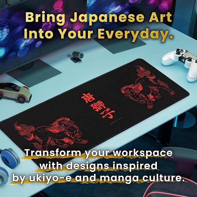 BELLEMOND Japanese Art Desk Mat | Large 31.5x11.8in Anime Mouse Pad for Keyboard & Mouse | Non-Slip Base, Water-Repellent | Original Japanese Design | Kara-jishi - Twin Lions