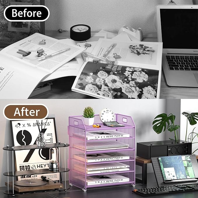 6 Trays Paper Organizer Letter Tray with Pull-Out Drawer, Assembled Mesh Desk File Holder, Metal Paper Sorter for Office Documents, Purple