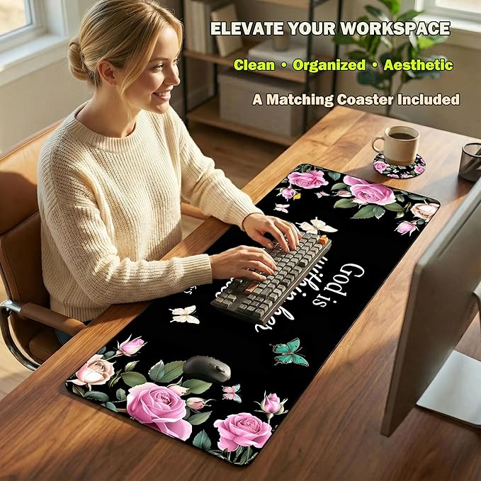 Extended Mouse Pad 31.5 x 11.8 Inches Decorative Desk Mat Mousepad with Stitched Edges for Home Office, Waterproof Washable, Includes Matching Coaster Bible Christ