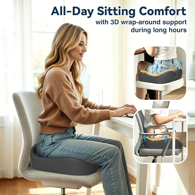 TushGuard Ergonomic Seat Cushion with Coccyx Cutout - Memory Foam Office Chair Cushions for Tailbone Pressure Relief, Non-Slip Chair Pad with Washable Cover for Car, Office, Wheelchair, Grey