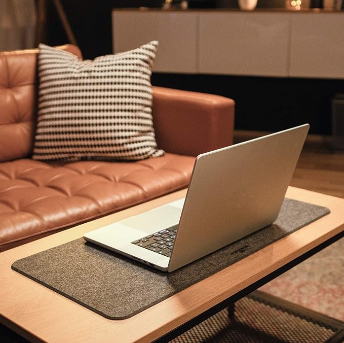 Durable Effect Soft Felt Office Desk Mat - 27.5" x 13" Inches - Gray Desk Pad Mat with Phone Holder Made of Recycled PET Flet - Foldable and Portable