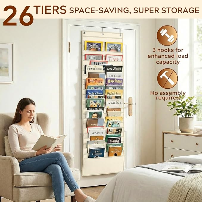 26-Pocket Over The Door File Organizer - Vertical Hanging Storage for Magazines, Documents & Paper, Heavy-Duty Door Organizer for Office, Classroom & Home
