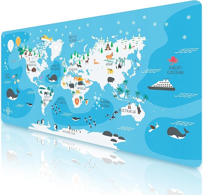 Kid's Desk Mat Cute Early Education Leather Desk Mat, Kawaii Blue Toddler World Map Waterproof Desk Writing Pad, Large Keyboard and Mouse Mat for Classroom/Kindergarten(31.5" X 15.7")