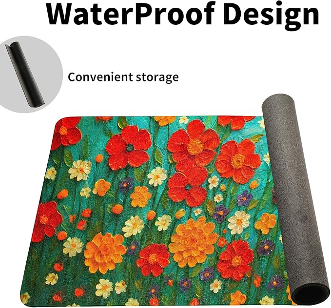 Oil Painting Flowers Desk Mat for Women, Large PU Leather Desk Pad with Non-Slip Base, Aesthetic Office Keyboard Cover for Gaming & Home Work, Artistic Desk Decor (31.5 * 15.75in)