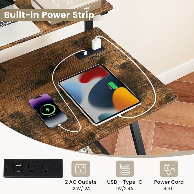 Tangkula Rolling Computer Desk Cart with Power Outlets, 32" Mobile Portable Laptop PC Desk with Monitor Stand, CPU Stand & Storage Shelf, Compact Small Desk on Wheels for Small Space (Rustic Brown)