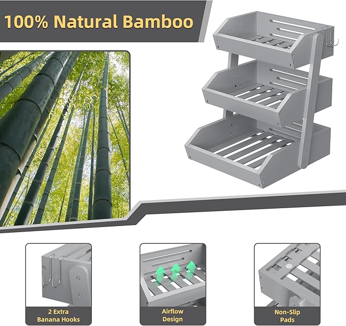 Hellojin Bamboo 3 Tier Fruit Basket For Counter, Large Capacity Fruit Storage Countertop, Fruit Holder, Wooden Pantry Organizers and Storage, Kitchen Countertop Organizer With 2 Banana Hangers (Grey)
