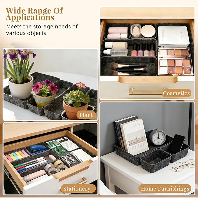 8pcs Felt Desk Drawer Organizer Tray, 4 Sizes Drawer Organizers Set for Office Supplies, Jewelry, Makeup, Cosmetics, Desk & Drawer Storage (Charcoal)