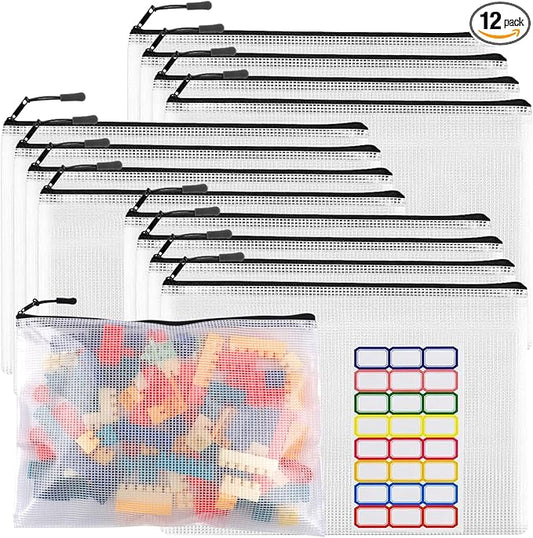 12pcs Large Mesh Zipper Pouch File Bags YOPCDJ Reusable Zippered Pouches for Organizing Classroom, Board Game Storage, Puzzle Bags Black