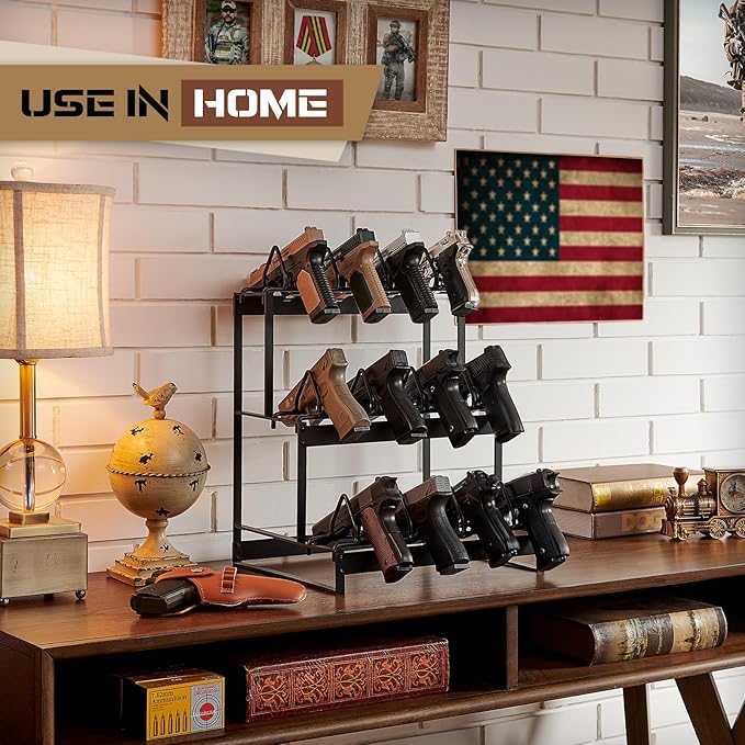 Poyilooo Pistol Rack, 2Tier Portable Pistol Rack for Gun, Hold Up 12 Handguns Pistol Stand for Gun Storage, Pistol Holder for Gun Heavy Duty Steel Gun Rack for Shot Exhibitior Retail Shop Home Office