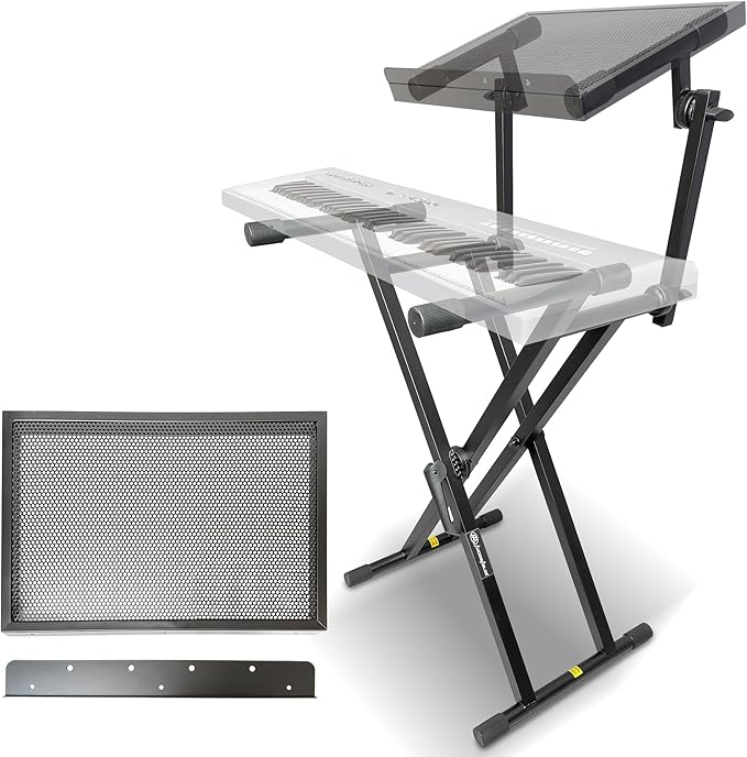 AxcessAbles Dual Piano Keyboard Stand with 2nd Tier – X Style Adjustable and Portable Heavy Duty 2 Tier Stand for Synths, Laptops, Tablet, Sheet music and Digital Keyboards – Fits 54, 61, 64, 88 Key Pianos. Electric Piano and Sheet Music Stand