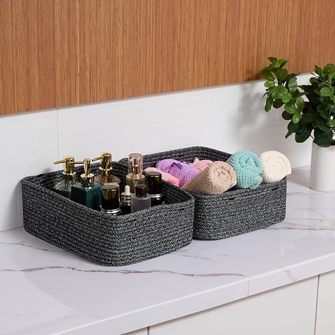 MiniArk Large Shallow Organizing Baskets 15x11x5.1 Inches - Rope Woven Storage Bins for Bathroom, Shelves, Cube Closet, Mixed Black 4 Packs