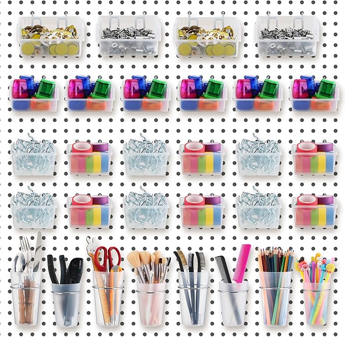 Roowest 60 Pcs Pegboard Cups Pegboard Bins Set, Wall Organizer with Hooks and Loops, Hooks Assortment Organizer Accessory for Office Storage Garage Craft Workshop(Clear)