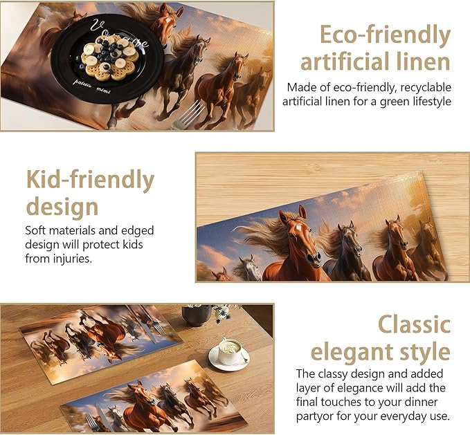 Placemats Set of 6, Running Herd Horse Linen Placemats 12x18 Inch, Heat Resistant Table Mats, Washable Non Slip Place Mats for Dining Table Kitchen Home