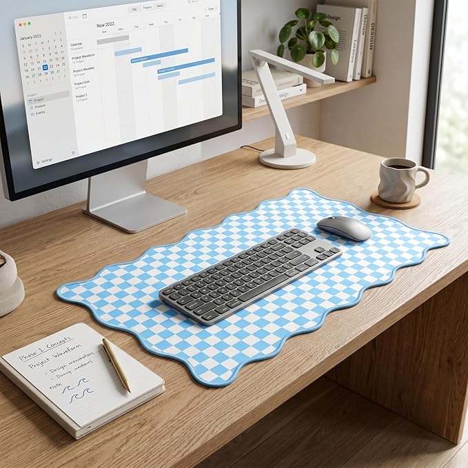 Scalloped Desk Mat Extended Large Cute Mouse Pad Big Desk Pad XXL Aesthetic Kawaii Plaid Mousepad Checkered Mouse Pad for Keyboard Computer Laptop Home Office Accessories Girl 31.5X15.7Inch Blue