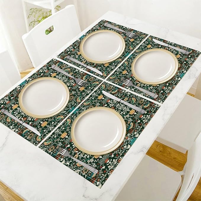 Vintage William Morris Placemats Strawberry Thief Botanical Art Vintage Floral Linen Washable Table Mats Stain Heat-Resistant Desktop Decor Place Mats for Home Kitchen Dining Party 12x18 in 6 Pcs