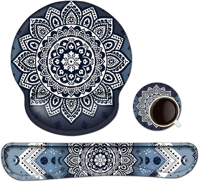 Keyboard Wrist Rest, Ergonomic Mouse Pad Wrist Support, Memory Foam Wrist Rest, Anti-Slip Base, Mousepad with Coaster for Computer Keyboard Office Home, Mandala