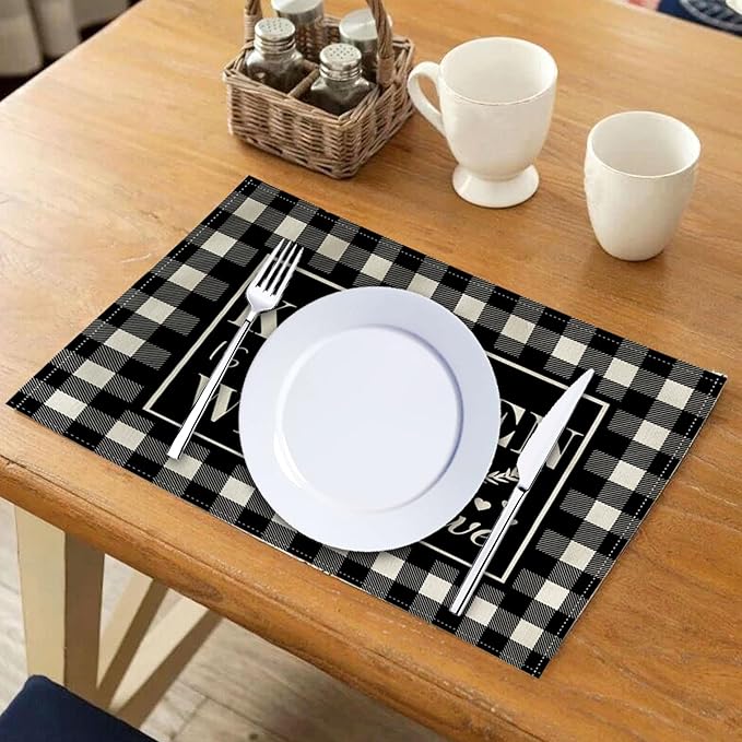 4Pack Farmhouse Decor Placemats Black White Buffalo Plaid Kitchen Inspirational Quotes Decor Table Mats Waterproof Heat Resistant Washable Non-Slip Place Mats for Dinner Kitchen Decor Table 12”×16”