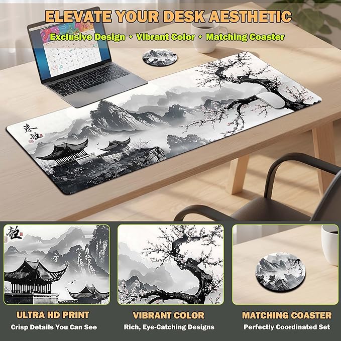 Extended Large Mouse Pad 31.5 x 11.8 Inches Premium Desk Mat Mousepad with Stitched Edges, Waterproof, Non-Slip Rubber Base for Office Home, Includes Coaster–Japanese Cherry Blossom