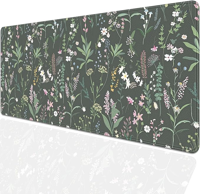 Green Plant and Floral Mouse Pad,Large Flowers Mousepad Desk Pad with Stitched Edges,Non-Slip Waterproof Rubber Base Mouse Mat for Office Computer Keyboard Laptop Home 27.5x11.8 in