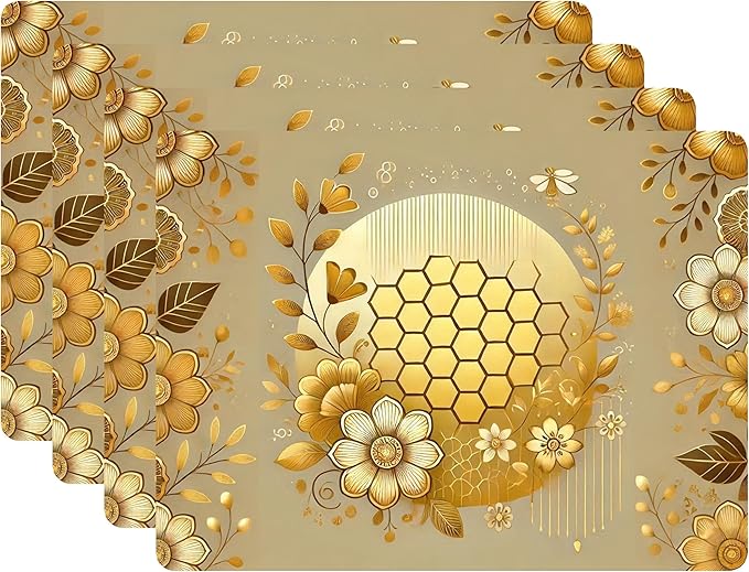 Set of 4 Cork Backed Placemats, Kitchen and Dining Table Decoration Design Hard Placemat 12" x 16" (Honeycomb)