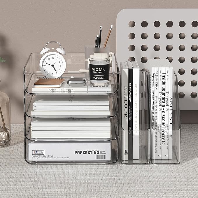 FANXIYQ 4-Tier Acrylic Paper Tray Organizer | Clear Stackable Desk Organizer for Documents, Letters, A4 Paper | Modern Office/Classroom/Home Organization,Clear