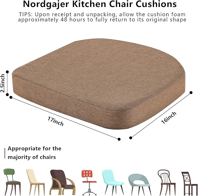 Nordjager Dining Chair Cushions Set of 6 Memory Foam Chair Cushion, Comfortable Dining Chair Pad Removable Slip Resistant Kitchen Chair Seat Cushion (6 Piece, Brown)
