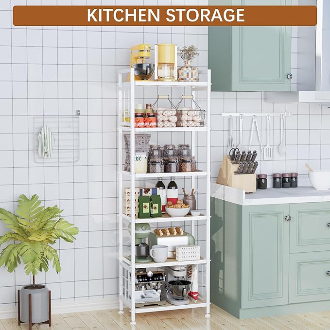 GIOTORENT 6-Tier Pantry Shelves with Wooden Boards, Heavy Duty Storage Shelves & Book Shelf, Adjustable Metal Shelving Unit for Kitchen Bathroom Laundry Organizer, Sturdy Rust-Resistant, White
