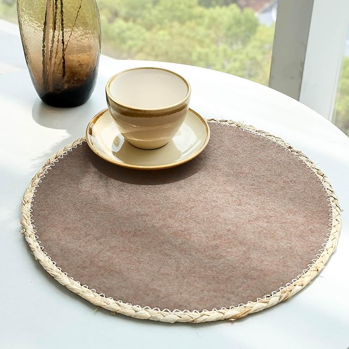 Noctiflorous 13 Inch Round Felt Placemats Set of 6 Heat Resistant Washable Non-Slip Table Place Mats for Kitchen Dining Table(Light Brown, 6)