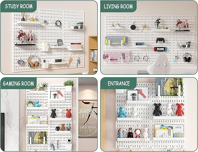 12 * 12in Pegboard Set, DIY Pegboard Combo Kit, Wall-Mounted Storage Organizer, Includes 4 pegboards and 18 Accessories, Suitable for Office, Gaming Room, Kitchen, and Decorative Display (White)