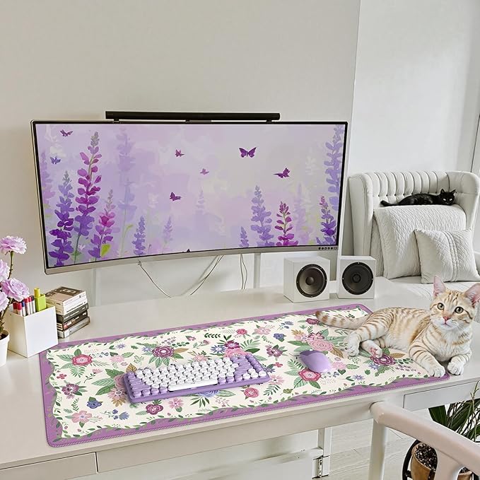 iCasso Floral Desk Mat for Keyboard and Mouse,Cute Gaming Mouse Pad XXL,Anti-Slip Desk Matt for Desktop,Soft Lycra Surface Computer Mat Women,Girly Big Mousepad for Home Office (Purple Floral)