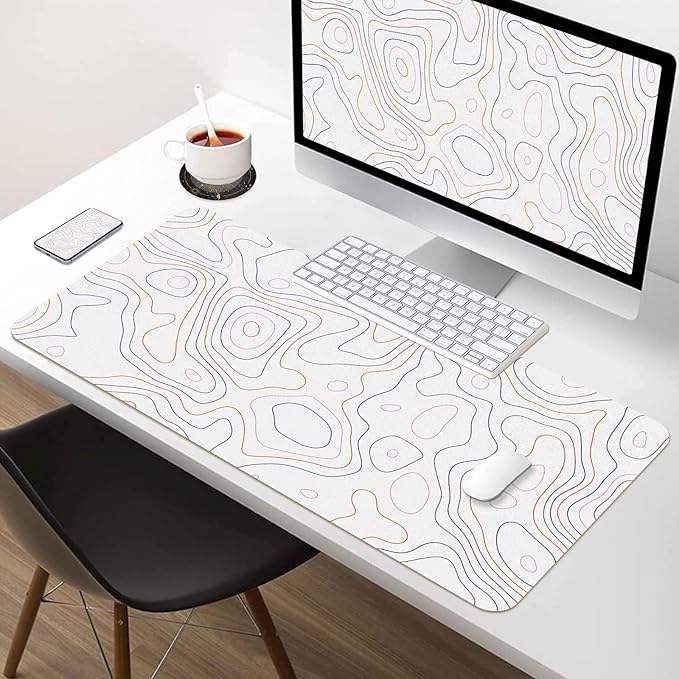 BLESWIN White Topographic Map Desk Mat 31.5" x 15.7", PU Leather Computer Laptop Desk Mat, Non-Slip Waterproof Mouse Keyboard Pad, Desk Writing Matt for Work/Home, 31.5"x 15.7", Topographic