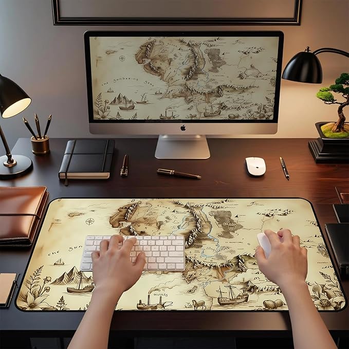 Medieval Map Desk Mat Mouse Pad XXL, Fantasy Extended Large Gaming Deskmat Mouse Pads, Desktop Computer Pad Mat Laptop Keyboard Mats, Desktop Protector Pad Office Game Player Gift 31.5"X15.7"