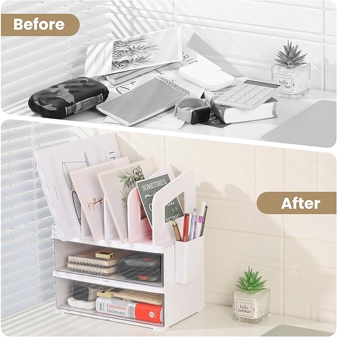 LALOBLUE Acrylic Desk Organizer with Drawer and Vertical File Holder, Desk Organizers and Accessories, Multi-Functional Office Supplies Organizer for Home or Work Desk, White