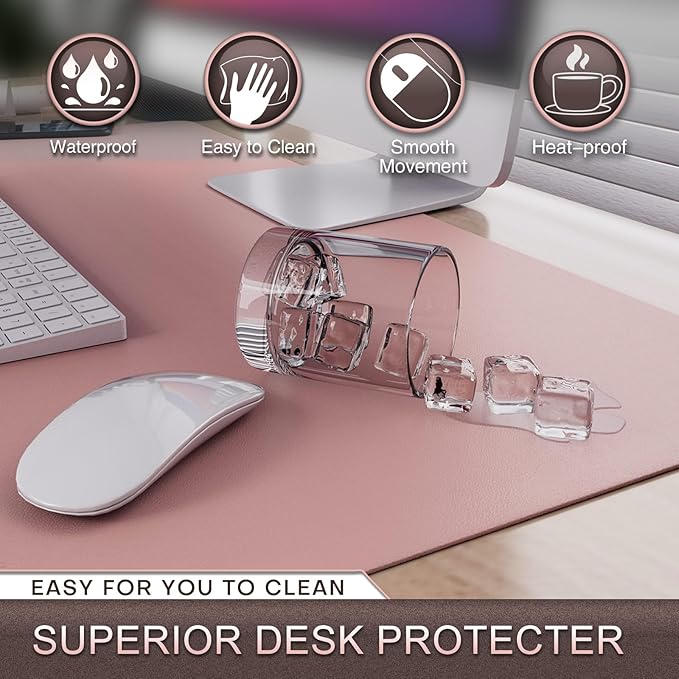 K KNODEL Leather Desk Pad Protector, Office Desk Mat, Large PVC Leather Desk Blotter, Non-Slip Mouse Pad (Pink, 15.7" x 31.5")