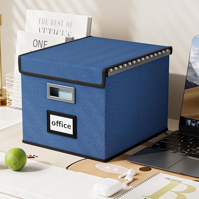 Decorative File Organizer Boxes Office Document Storage with Lids, Portable Collapsible Linen Hanging Filing & Storage Boxes for Office/Decor/Home (Royal Blue) -14.9 x 12.7 x 10.8 inch -4 Pack
