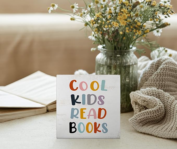 Mtrgdn Cool Kids Read Books Wood Box Sign Desk Decor Rustic Reading Wooden Box Block Sign Decorations for Home Kids Room Reading Room Nursery Classroom Wall Tabletop Desk Decor