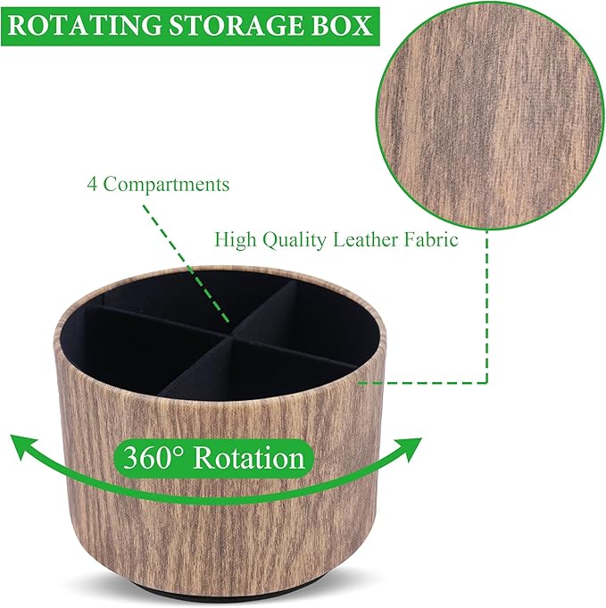 Round Leather Art Supply Organizer,Remote Control Holder,360 Degree Spinning,Multi-Functional Pencil Holder,4 Compartments Desktop Stationary Organizer(1-Thin Wood Brown)