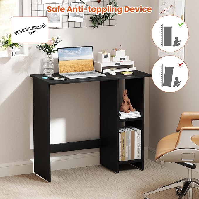 Giantex Small Desk, Compact Study Writing Desk with 3-Position Adjustable Shelf, Anti-Toppling Kit, Modern PC Laptop Table, Home Office Computer Workstation for Small Space Bedroom Dorm, Black