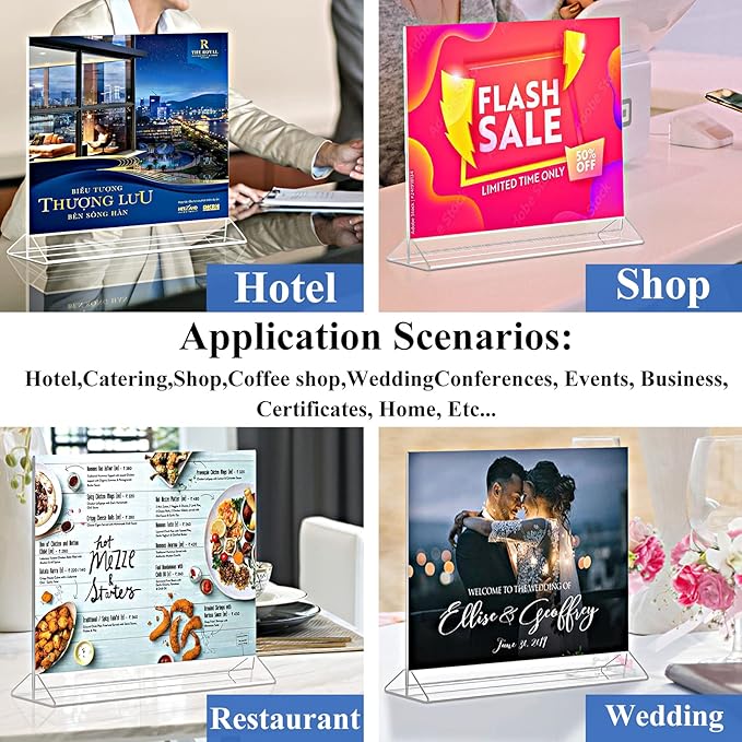 Horizontal Acrylic Sign Holder 8.5 x 11 - Double Sided T Shape Menu Table Stands, Plastic Paper Flyer Display Stand, Clear Picture Photo Frames for Wedding, Office, Store, Restaurant (6 Pack)