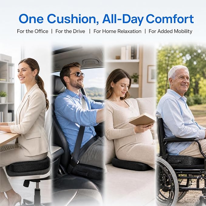 Memory Foam Seat Cushion for Office Chair & Car - Ergonomic Tailbone & Sciatica Pain Relief Pad - Non-Slip Desk Chair Cushion for Long Sitting, Breathable Mesh Pad for Posture Support (Black)