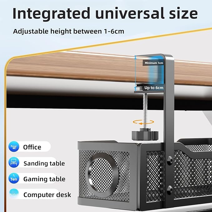 No Drill Under Desk Cable Tray Metal Mesh Wire Management with Clamp Mount 2 Hole Cord Organizer for Home Office Standing Desk Storage