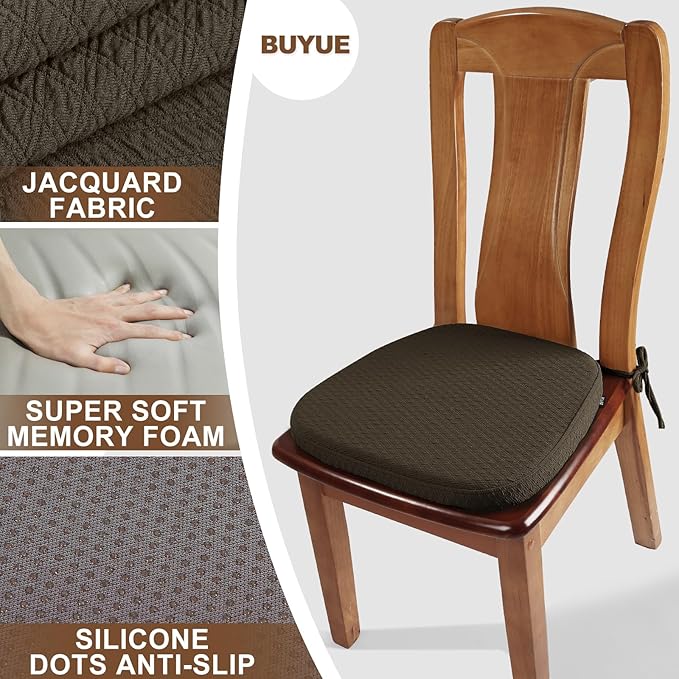 BUYUE Luxury Memory Foam Chair Cushions 6 Pack, Jacquard 16" U-Shape Comfortable Dining Chair Pads, Removable Slip Resistant Kitchen Chair Seat Cushions (Set of 6, Brown)