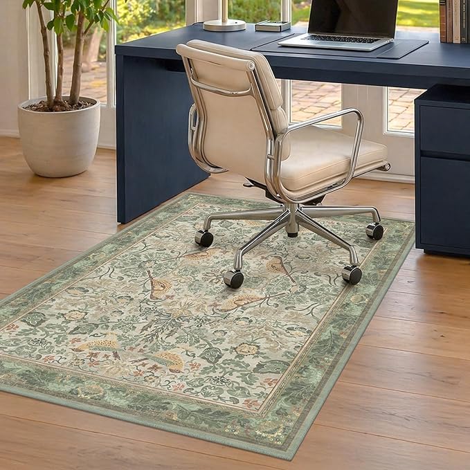 Sage Green 3x4 Office Chair Mat for Hard Wood & Tile Floor, Small Botanical 36"x48" Low Pile Computer Chair Area Rug for Comfort and Floor Protection, Washable Under Desk Rug, Non Slip Rubber Backing
