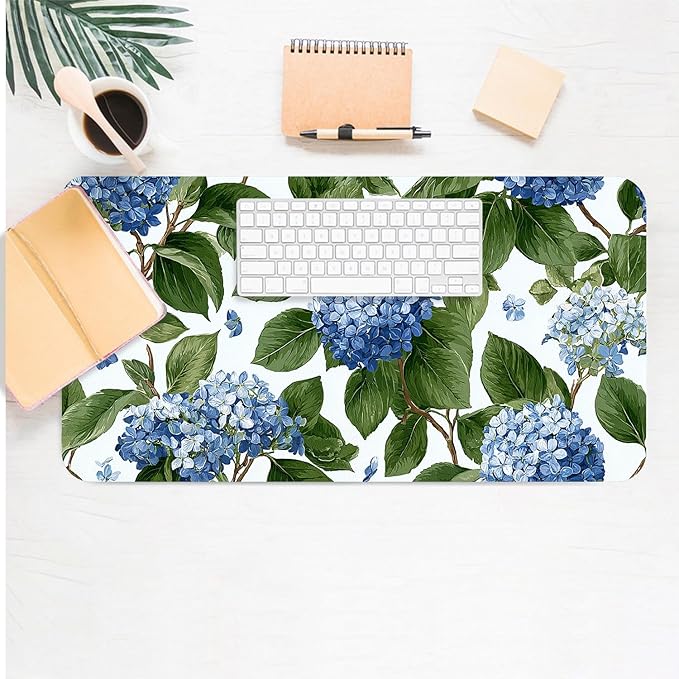Blue Flower Mouse Pad PU Leather Green Leaves Desk Mat Large Waterproof Gaming Pad Non-Slip Keyboard Mouse Pad Writing Pad for Gamer Office&Home