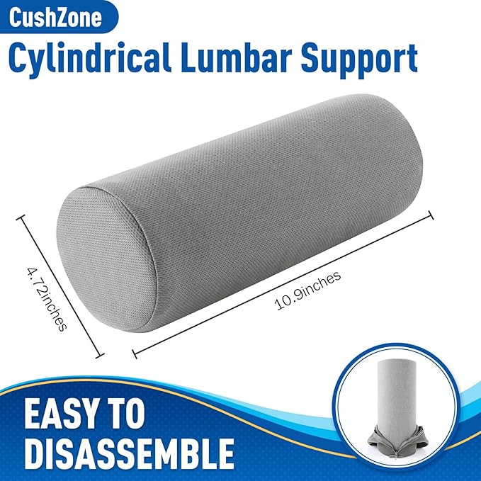 Lumbar Roll Support Pillow for Office Chair, Car, Gaming Chair, Memory Foam Back Cushion with Washable Cover for Relieving Back Pain & Improving Posture,Light Grey