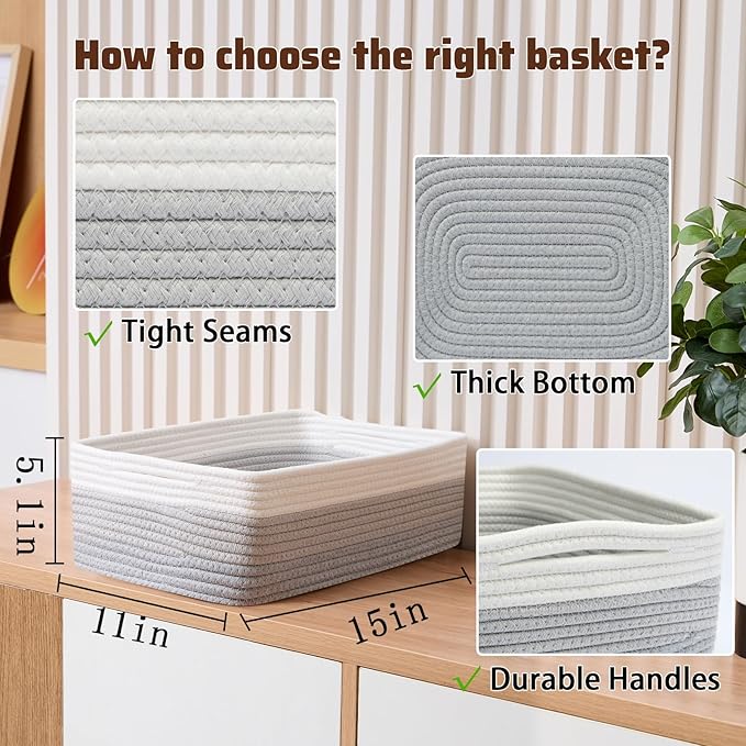 MiniArk Large Shallow Organizing Baskets 15x11x5.1 Inches - Rope Woven Storage Bins for Bathroom, Shelves, Cube Closet, Gradient Grey 3 Packs