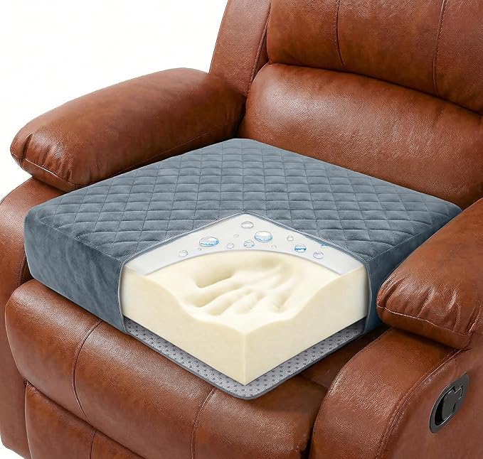 Medium-Soft 20x20x5 Memory Foam Recliner Chair Seat Cushion for Long Sitting - Armchair Pad with Washable Velvety Cover with Waterproof Layer & Non-Slip Base for Seniors & Elderly - Gray